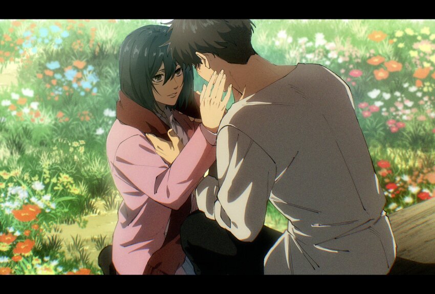 1boy 1girl 35ohama_yu black_hair black_pants blue_flower brown_hair cardigan commentary eren_yeager facial_scar feet_out_of_frame flower grass grey_shirt hair_between_eyes highres long_sleeves looking_at_another mikasa_ackerman open_cardigan open_clothes outdoors pants parted_lips pink_cardigan red_flower red_scarf scar scar_on_cheek scar_on_face scarf shingeki_no_kyojin shirt short_hair sitting white_flower