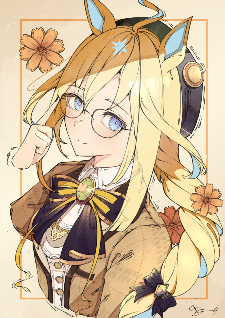 1girl ahoge animal_ears beret black_bow blonde_hair blue_eyes blush bow braid breasts brown_jacket closed_mouth collared_shirt commentary_request cropped_torso flower glasses hair_bow hat highres horse_ears horse_girl jacket long_braid long_hair looking_at_viewer multicolored_hair neo_universe_(like_"zeer")_(umamusume) neo_universe_(umamusume) official_alternate_costume official_alternate_hairstyle ribbon shikahisa_totani shirt smile solo two-tone_hair umamusume white_shirt