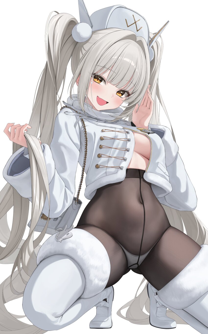 1girl absurdres black_pantyhose blanc_(fortune_express)_(nikke) blanc_(nikke) boots coat commentary_request covered_navel fang full_body fur-trimmed_boots fur-trimmed_collar fur_trim g_home goddess_of_victory:_nikke high-waist_pantyhose highres long_hair looking_at_viewer official_alternate_hairstyle panties panties_under_pantyhose pantyhose see-through_pantyhose skin_fang smile solo split-color_clothes squatting twintails underwear white_background white_boots winter_clothes winter_coat