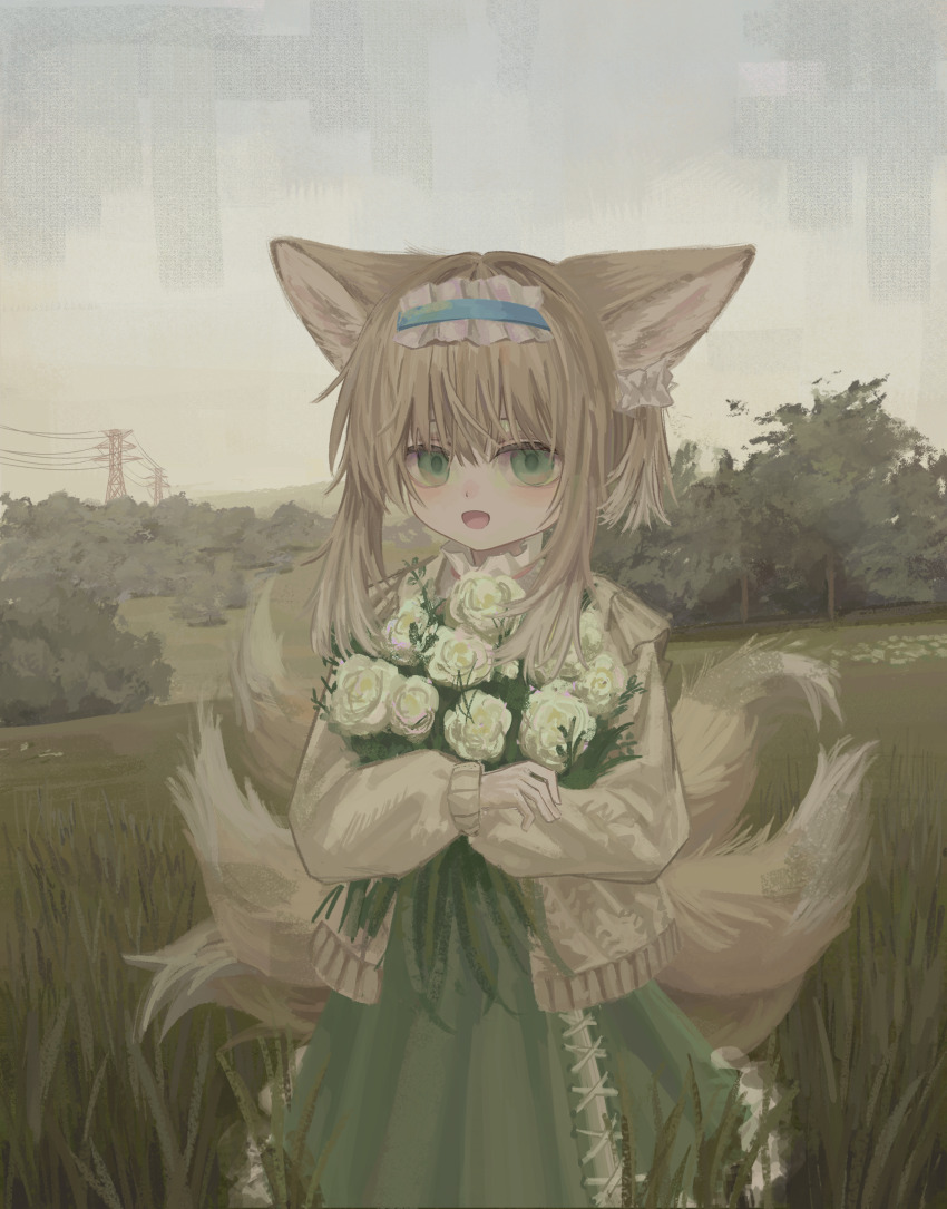 1girl absurdres animal_ears arknights blonde_hair blue_hairband commentary flower fox_ears fox_girl fox_tail frilled_hairband frills green_eyes hairband highres holding long_sleeves looking_at_viewer multiple_tails outdoors snaph solo suzuran_(arknights) tail