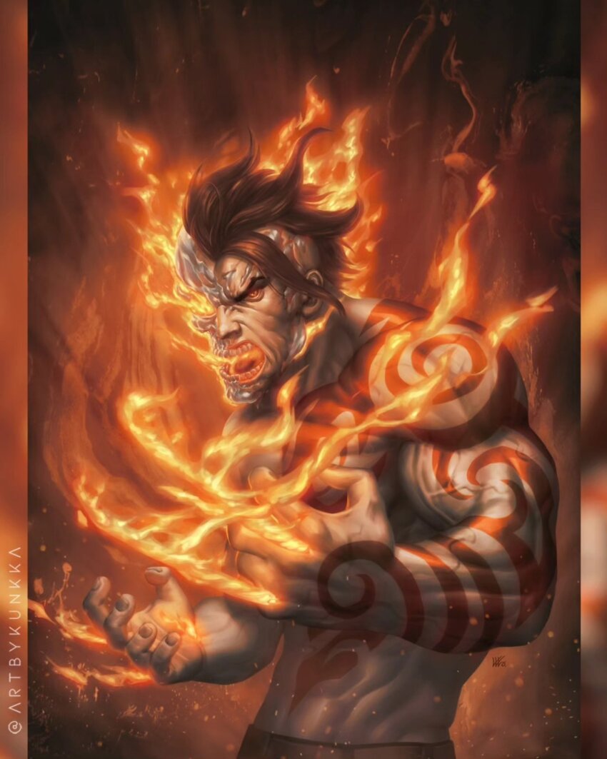 1boy abs angry arm_tattoo black_hair chest_tattoo claw_(weapon) claws comic_cover commentary daken english_commentary fire flaming_skull hellverine henshin highres kunkka looking_at_viewer male_focus marvel mohawk muscular muscular_male official_art open_mouth orange_eyes skull solo stomach_tattoo tattoo topless_male transformation twitter_username veins veiny_arms weapon wolverine_(x-men) x-men