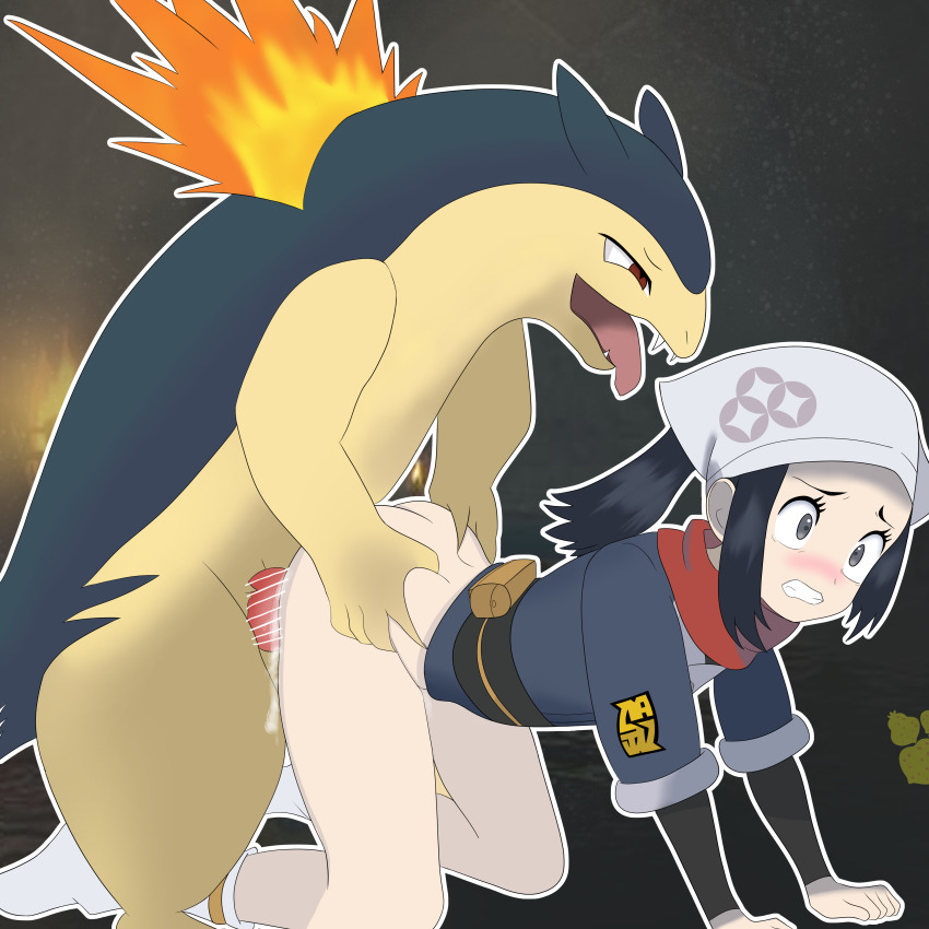 1boy 1girl absurdres akari_(pokemon) animal_penis bar_censor bestiality blush bottomless buruberi censored clenched_teeth cum cum_in_pussy cum_overflow doggystyle fire full_body furry gen_2_pokemon grey_background grey_eyes hand_on_another's_ass hat highres japanese_clothes nintendo obi obijime open_mouth penis pokemon pokemon_(creature) pokemon_legends:_arceus pokephilia ponytail red_scarf sash scarf sex sex_from_behind sidelocks socks teeth tongue tongue_out typhlosion white_hat white_socks wide-eyed