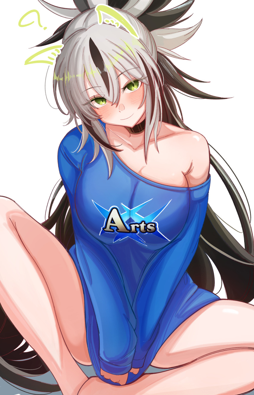 0nineo9 1girl ? absurdres alternate_costume animal_ears arts_shirt bare_shoulders barefoot black_hair blue_shirt blush breasts cat_ears choker collarbone commentary english_commentary fate/grand_order fate_(series) green_eyes hair_between_eyes high_ponytail highres large_breasts long_hair long_sleeves looking_at_viewer multicolored_hair nagao_kagetora_(fate) off_shoulder ponytail shirt sidelocks sitting smile solo thighs two-tone_hair uesugi_kenshin_(first_ascension)_(fate) very_long_hair white_hair