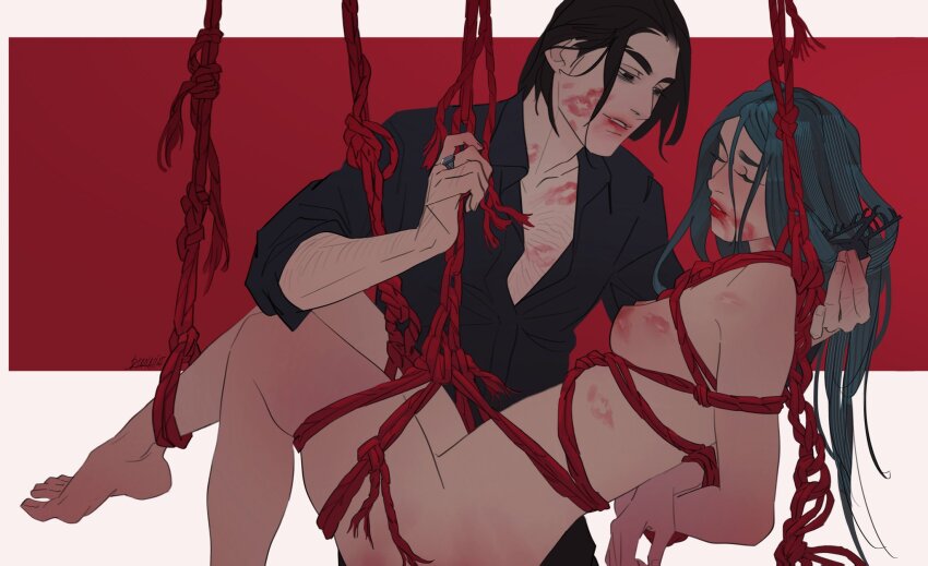 1boy 1girl aqua_hair arm_hair arms_behind_back bdsm black_eyes black_shirt bondage bound bound_ankles bound_arms bound_legs bound_thighs bound_torso breasts chest_hair claw_hair_clip closed_eyes clothed_male_nude_female completely_nude cowboy_shot dianaii dress_shirt eyebrow_cut facing_another facing_up foot_out_of_frame from_side full_body hair_ornament hairclip highres leaning_forward lipstick lipstick_mark long_hair makeup nipples nude open_clothes open_shirt pointy_breasts red_lips red_rope restrained rope shibari shirt sideways small_breasts smeared_lipstick suspension unconscious