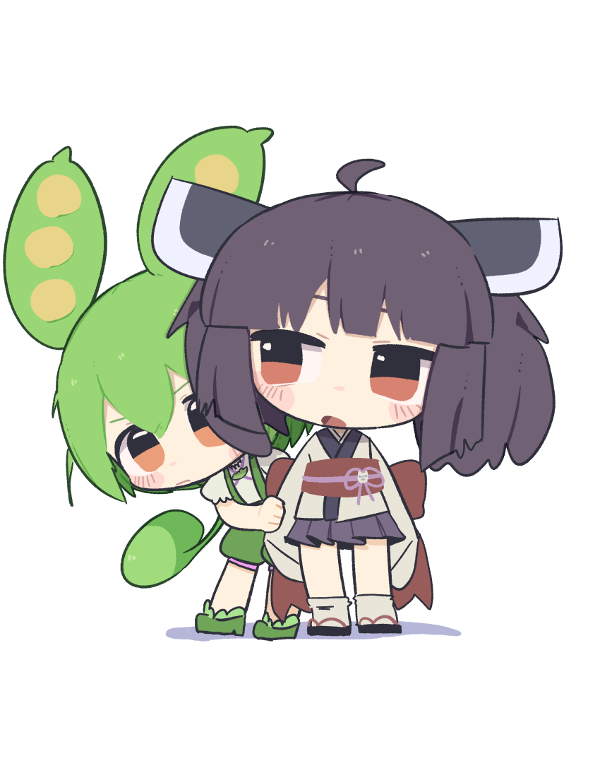 2girls absurdres ahoge animal_ears black_sandals blunt_bangs blush_stickers brown_hair closed_mouth commentary double-parted_bangs edamame full_body green_hair green_shoes green_shorts hair_between_eyes headgear highres japanese_clothes kimono konohoshi long_hair long_sleeves multiple_girls obi okobo open_mouth platform_sandals pleated_skirt purple_skirt red_eyes red_sash sandals sash shirt shoes short_hair short_sleeves shorts simple_background skirt socks standing suspender_shorts suspenders symbol-only_commentary touhoku_kiritan voiceroid voicevox white_background white_kimono white_shirt white_socks wide_sleeves yellow_eyes zundamon