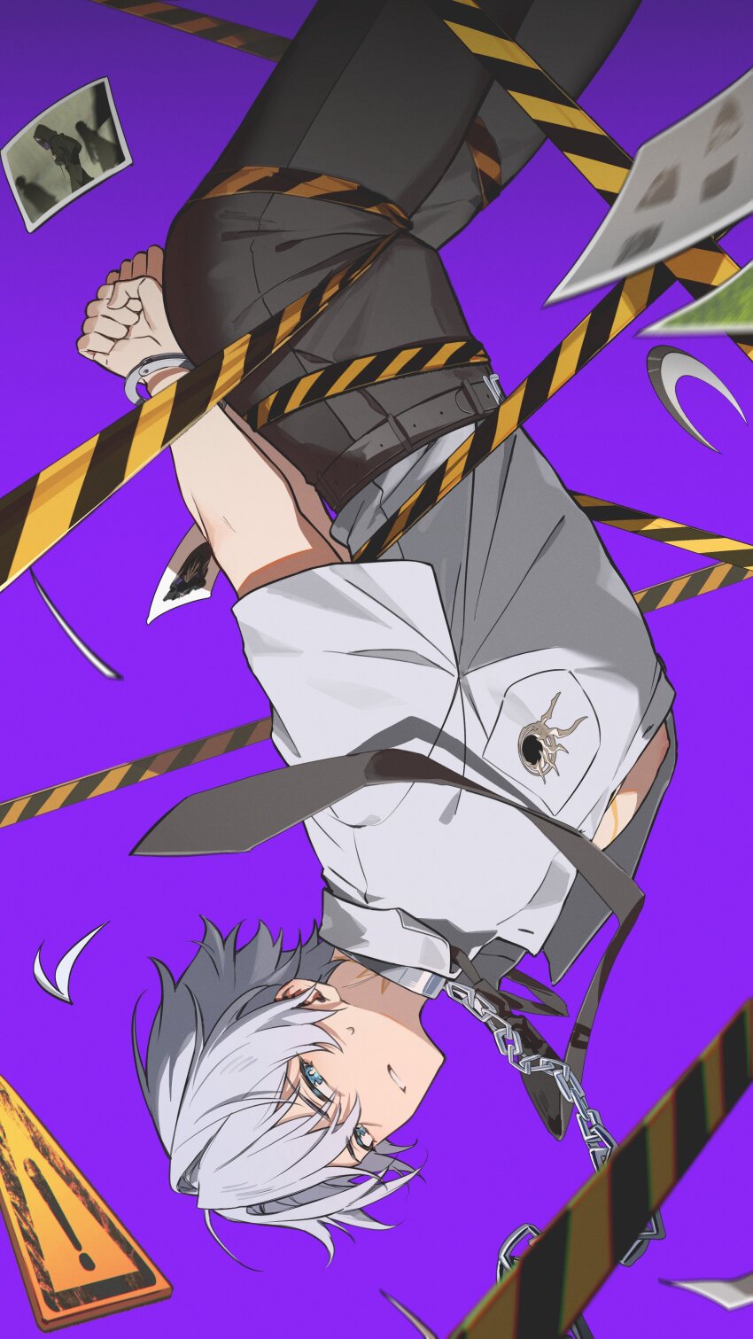 1boy absurdres antenna_hair belt black_belt black_pants blue_eyes bound bound_wrists caution_tape chain chain_leash collar collared_shirt commentary cuffs english_commentary flame_reaver_of_the_deepest_dark glaring handcuffs hei_lang highres holding holding_walkie-talkie honkai:_star_rail honkai_(series) leash looking_at_viewer loose_necktie male_focus metal_collar neck_tattoo necktie pants parted_bangs partially_unbuttoned pectoral_cleavage pectorals phainon_(honkai:_star_rail) photo_(object) purple_background restrained shirt short_hair short_sleeves sign solo spoken_character sun_symbol sun_tattoo sweatdrop tan tattoo walkie-talkie warning_sign white_hair white_shirt