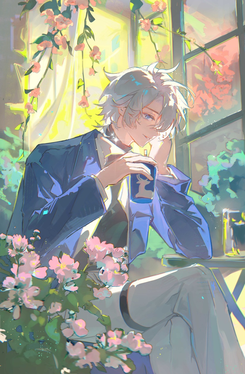 1boy absurdres antenna_hair black_sweater blue_coat blue_eyes chinese_commentary coat collared_shirt commentary_request cup disposable_coffee_cup disposable_cup highres holding holding_cup honkai:_star_rail honkai_(series) long_sleeves male_focus official_alternate_costume open_clothes open_coat open_shirt pants parted_bangs phainon_(honkai:_star_rail) phainon_(luckin_coffee)_(honkai:_star_rail) shirt short_hair sitting solo sweater thigh_strap turtleneck turtleneck_sweater white_hair white_pants white_shirt xrncp