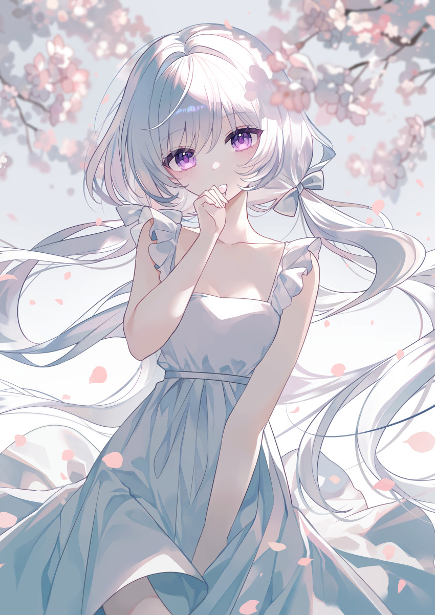 1girl absurdres bare_arms blurry blurry_background blurry_foreground bow branch breasts collarbone commentary commentary_request covered_mouth depth_of_field dress floating_hair flower g_ieep grey_bow grey_hair hair_between_eyes hair_bow hair_intakes hand_to_own_mouth hand_up head_tilt highres long_hair looking_at_viewer low_twintails original petals purple_eyes sleeveless sleeveless_dress small_breasts solo symbol-only_commentary twintails very_long_hair white_dress white_flower