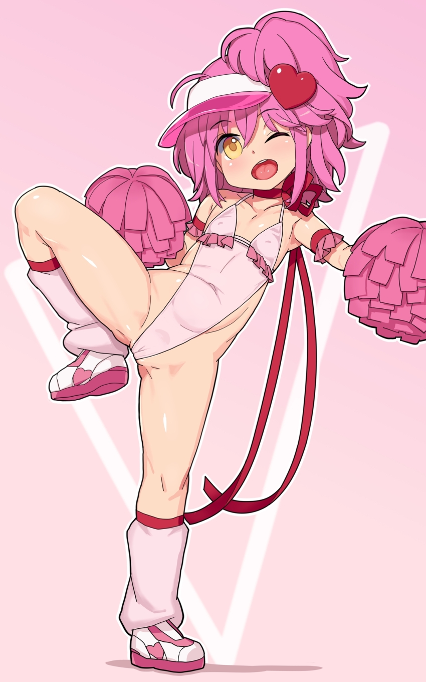 1girl absurdres amulet_heart blush cameltoe cheerleader flat_chest full_body hair_ornament heart highleg highleg_leotard highres hinamori_amu jewelry leg_warmers leotard loli long_hair looking_at_viewer magical_girl midriff multiple_girls najimi_shin navel one_eye_closed open_mouth pink_background pink_hair pink_leotard pink_shoes pink_theme pom_pom_(cheerleading) ponytail ribbon shoes shugo_chara! smile solo standing standing_on_one_leg visor_cap white_shoes yellow_eyes