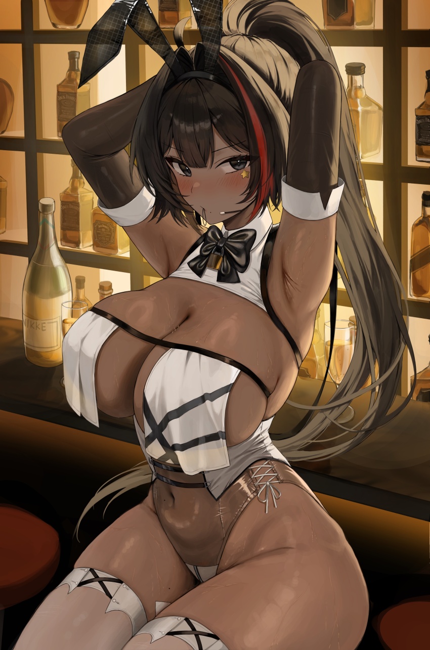 1girl absurdres ahoge animal_ear_hairband animal_ears armpits arms_behind_head arms_up bar_(place) bare_shoulders bay_(nikke) bay_(radiant_rabbit)_(nikke) black_bow black_hair blush bow breast_curtains breasts cleavage collar commentary covered_navel dark-skinned_female dark_skin fake_animal_ears gloves goddess_of_victory:_nikke grey_eyes hair_between_eyes hair_intakes hair_tie_in_mouth hairband highleg highleg_leotard highres large_breasts leotard lock long_hair looking_at_viewer mole mole_on_stomach mole_on_thigh mole_under_mouth mouth_hold multicolored_hair official_alternate_costume on_stool padlock padlocked_collar playboy_bunny ponya_0000 ponytail rabbit_ear_hairband rabbit_ears red_hair revealing_clothes see-through_clothes see-through_leotard shrug_(clothing) side-tie_leotard sitting skindentation sleeveless_shrug solo star_(symbol) star_sticker sticker sticker_on_face streaked_hair sweat symbol-only_commentary thick_thighs thighhighs thighs very_long_hair white_collar white_thighhighs