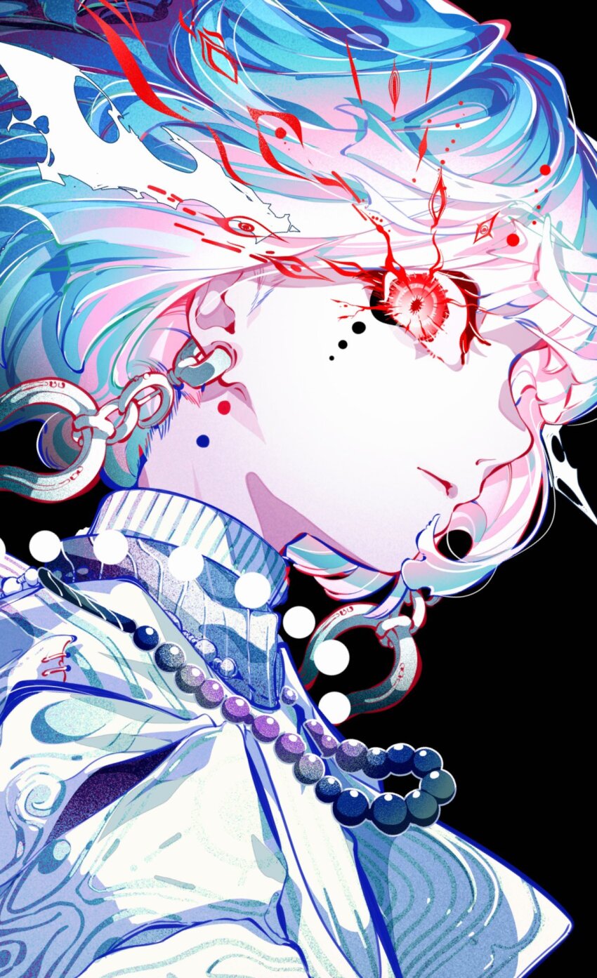 1girl black_background blue_shirt chain chain_earrings dots facial_tattoo highres jewelry looking_at_viewer necklace original pearl_necklace rakugaki_choo red_eyes shirt short_hair solo sparkling_eyes tattoo upper_body white_hair