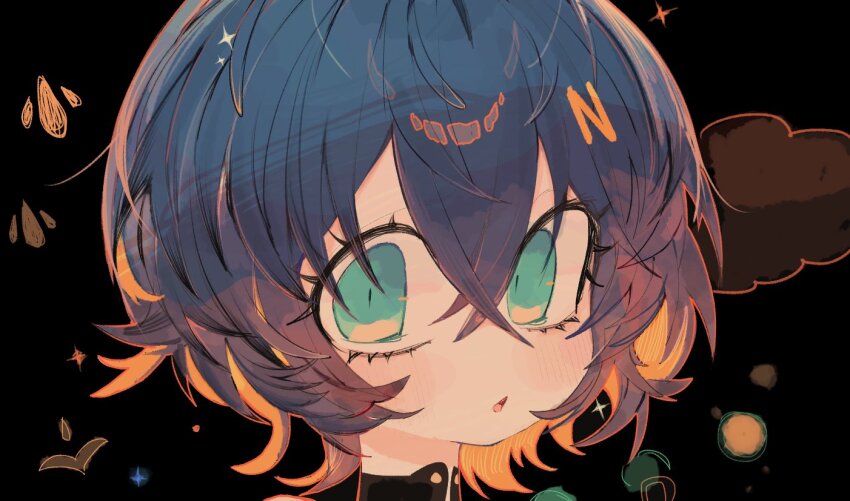 1girl belle_(zenless_zone_zero) black_background blue_hair cloud commentary crossed_bangs double-parted_bangs green_eyes hair_between_eyes hair_ornament letter_hair_ornament looking_at_viewer open_mouth portrait short_hair solo usa37107692 water_drop wide-eyed zenless_zone_zero