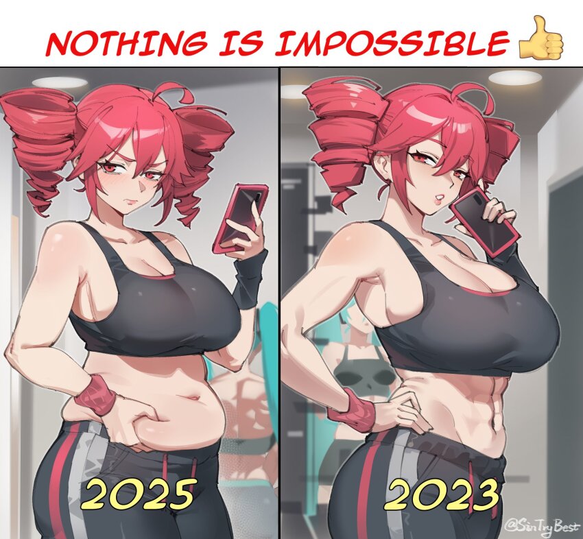 2girls artist_name belly_grab blush breasts cleavage closed_mouth commentary cowboy_shot drawstring drill_hair english_commentary english_text hair_between_eyes hatsune_miku highres kasane_teto large_breasts looking_at_viewer muffin_top multiple_girls multiple_views navel plump red_eyes red_hair sin_(sintrybest) sports_bra thumbs_up twin_drills twitter_username