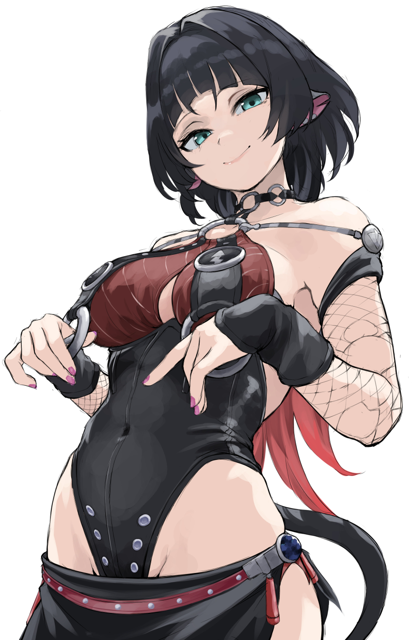 1girl absurdres animal_ears black_hair black_one-piece_swimsuit black_sarong breasts commentary_request covered_navel fengling_(furin-jp) fishnet_sleeves fishnets green_eyes highres jane_doe_(nocturne_of_light)_(zenless_zone_zero) jane_doe_(zenless_zone_zero) large_breasts long_hair looking_at_viewer mouse_ears mouse_girl mouse_tail multicolored_hair official_alternate_costume one-piece_swimsuit red_hair sarong simple_background smile solo swimsuit tail two-tone_hair very_long_hair white_background zenless_zone_zero