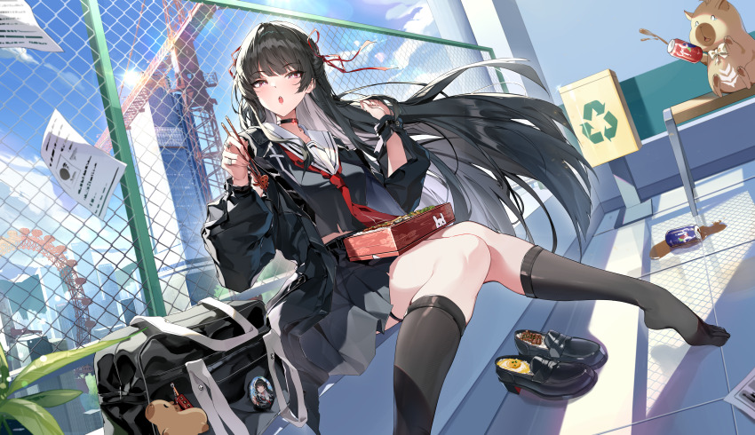 1girl absurdres arm_cutout arrow_(symbol) badge bag bag_charm bento black_bag black_choker black_hair black_serafuku black_shoes black_skirt black_thighhighs breasts building button_badge can capybara charm_(object) chisa_(wuthering_waves) choker chopsticks clothing_cutout cloud commentary_request crane_(machine) day drink_can feet ferris_wheel floating_hair food glint hair_ribbon hand_up highres holding holding_chopsticks long_hair long_sleeves looking_at_viewer miniskirt neckerchief open_mouth outdoors paper pink_eyes plant pleated_skirt railing recycling_symbol red_neckerchief ribbon rooftop sailor_collar school_uniform serafuku shirt shoes sijinni sitting skirt sky solo thigh_strap thighhighs thighs toes unworn_shoes very_long_hair white_sailor_collar wuthering_waves