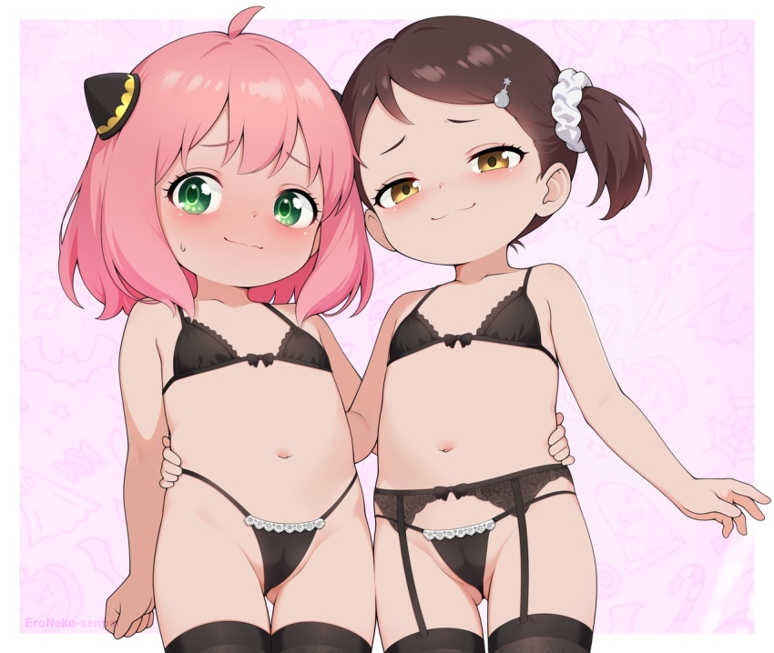2girls ahoge anya_(spy_x_family) becky_blackbell black_bra black_panties black_thighhighs blush bow bow_bra bow_panties bra brown_eyes brown_hair cameltoe child closed_mouth eroneko_senpai flat_chest garter_belt gluteal_fold green_eyes hair_ornament hair_scrunchie hairclip hairpods highleg highleg_panties lingerie loli looking_at_viewer medium_hair multiple_girls navel panties pink_hair scrunchie short_hair smile spy_x_family thighhighs twintails underwear yellow_eyes