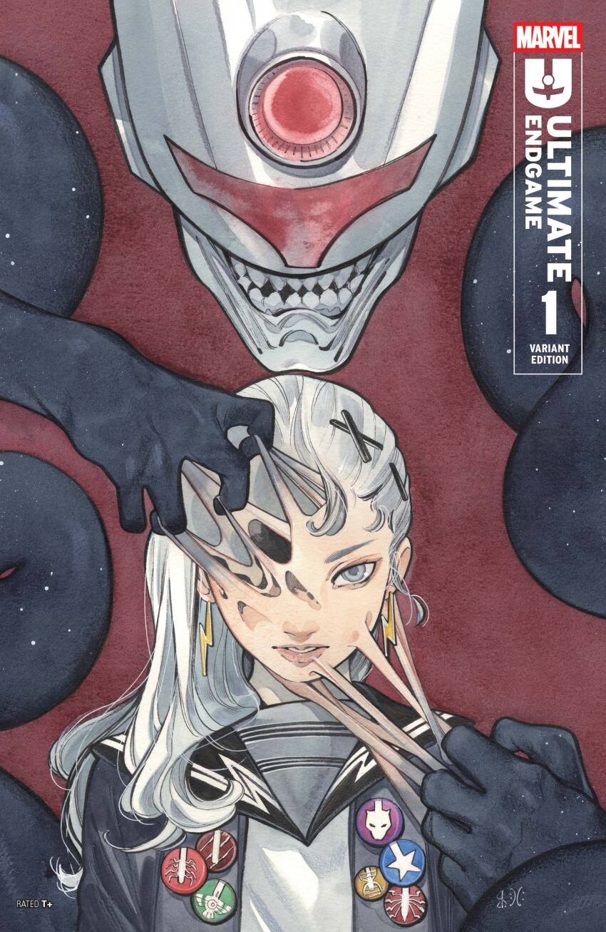 1boy 1girl absurdres black_panther_(marvel) black_panther_(series) blue_eyes body_horror buttons character_logo comic_cover company_name copyright_name cover cover_page dark_persona earrings english_text fantastic_four hair_ornament hairclip helmet highres jacket jewelry lightning_bolt_earrings lightning_bolt_symbol logo long_hair marvel maystorm_(marvel) official_art one-eyed parted_lips peach_momoko red_background reed_richards sailor_collar sailor_shirt shirt star_(symbol) sukajan teeth the_maker_(marvel) upper_body white_hair white_shirt x-men