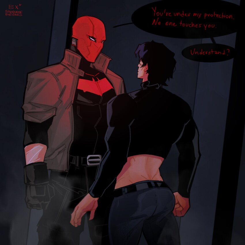 bat_signal batman_(series) batman_symbol black_bodysuit black_gloves black_hair bodysuit brown_jacket dc_comics dick_grayson flyingdidii gloves grey_bodysuit highres jacket jason_todd male_focus mask multicolored_bodysuit multiple_boys muscular muscular_male open_clothes pants red_hood_(dc) red_hood_and_the_outlaws red_mask short_hair superhero_costume taut_bodysuit two-tone_bodysuit