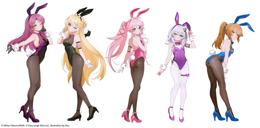 5girls absurdres agnes_claudel animal_ear_hairband animal_ears bare_shoulders black_leotard blue_bow blue_bowtie blue_eyes blush bow bowtie braid bun_with_braided_base closed_mouth commentary eiyuu_densetsu embarrassed english_commentary fake_animal_ears fake_tail finger_to_mouth fishnet_pantyhose fishnets floating_hair gloves hair_bun hairband hajimari_no_kiseki heterochromia high_heels highleg highleg_leotard highres kuro_no_kiseki_(series) leotard long_hair looking_at_viewer multiple_girls nadia_rayne one_eye_closed pantyhose parted_lips pink_bow pink_bowtie pink_leotard playboy_bunny ponytail purple_bow purple_leotard rabbit_ear_hairband rabbit_ears renne_(eiyuu_densetsu) short_hair shusuchii sidelocks simple_background single_glove single_hair_bun single_side_bun sleeveless smile tail towa_herschel traditional_bowtie twintails white_background white_pantyhose wrist_cuffs yellow_eyes