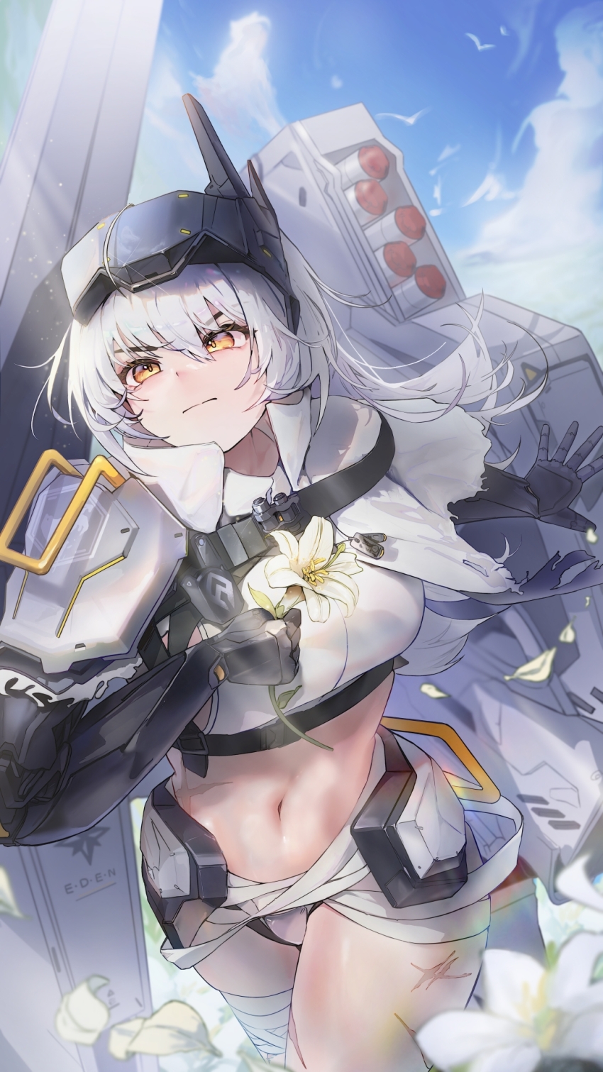 1girl armor bandaged_leg bandaged_waist bandages blue_sky breasts chest_harness cloak closed_mouth cloud commentary crop_top day dog_tags faulds field flower flower_field goddess_of_victory:_nikke hair_between_eyes harness head-mounted_display highres holding holding_flower large_breasts lily_(flower) long_hair mechanical_arms midriff navel official_alternate_costume outdoors pilgrim_symbol_(nikke) rigging scar scar_on_stomach scar_on_thighs shirt shoulder_armor sidelocks skindentation sky sleeveless sleeveless_shirt snow_white_(heavy_arms)_(nikke) snow_white_(nikke) solo standing torn_cloak torn_clothes white_cloak white_hair white_shirt yellow_eyes yujeuuz