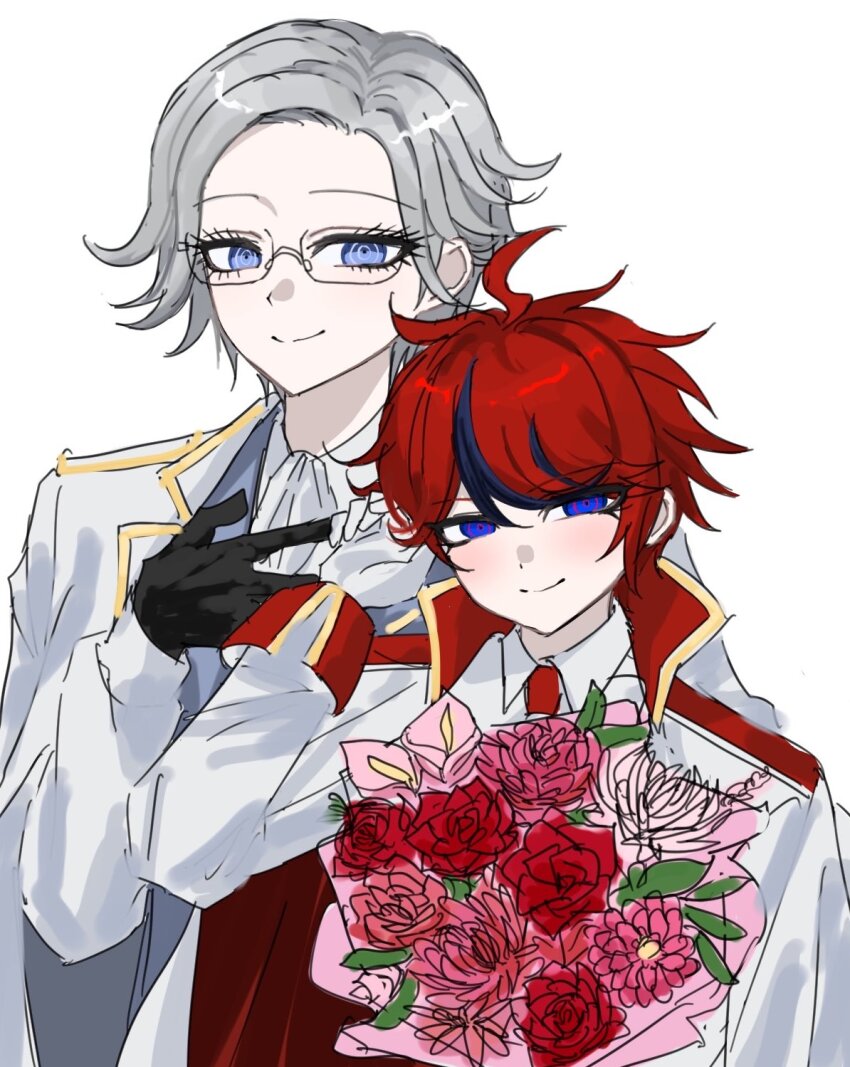 adjusting_hair ahoge aotsuki_eito black_gloves black_streaks blue_eyes bouquet cape collared_shirt commentary_request flower glasses gloves grey_hair grey_vest hand_on_own_chest hand_up highres holding holding_bouquet implied_yaoi light_blush looking_at_viewer male_focus multicolored_hair multiple_boys official_alternate_costume purple_eyes red_hair shirt short_hair simple_background smile streaked_hair sumino_takumi the_hundred_line_-last_defense_academy- two-tone_hair upper_body vest white_background white_cape white_shirt wx8vnmn3k