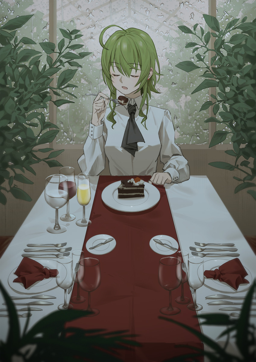 ahoge animal_ears ascot black_ascot breasts cake collared_shirt commentary cream cup dining_room drinking_glass earrings food fruit green_hair greenhouse gumi hand_up highres holding holding_spoon jewelry knife long_sleeves medium_breasts medium_hair parted_lips plant plate shirt sidelocks single_earring spoon strawberry table tablecloth vocaloid water_drop wet white_shirt wine_glass wounds404