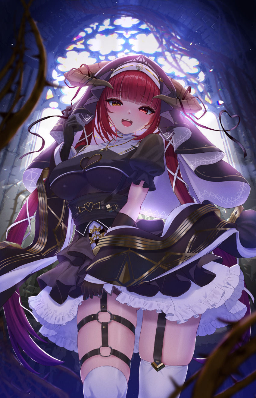 1girl :d asymmetrical_legwear black_dress black_gloves black_shawl blurry blurry_background breasts church commentary_request cowboy_shot curled_horns dress frilled_dress frills garter_straps gloves hair_ribbon hand_up heterochromia highres hololive horn_ornament horn_ribbon horns houshou_marine houshou_marine_(ahoy!!_you're_all_pirates) inari_(ambercrown) indoors large_breasts long_hair looking_at_viewer nun o-ring o-ring_thigh_strap official_alternate_costume official_alternate_hairstyle open_mouth red_eyes red_hair ribbon shawl short_dress skin_tight smile solo teeth thigh_strap thighhighs twintails uneven_legwear upper_teeth_only very_long_hair virtual_youtuber white_ribbon white_thighhighs yellow_eyes