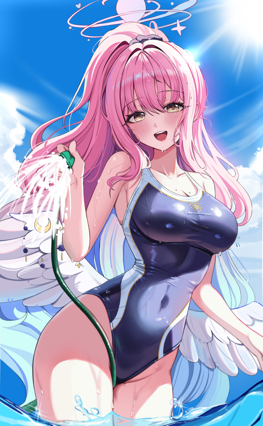 1girl absurdres angel_wings bare_shoulders blue_archive blue_one-piece_swimsuit blue_sky breasts cloud collarbone covered_navel halo highres holding holding_hose hose large_breasts long_hair mika_(blue_archive) official_alternate_hairstyle one-piece_swimsuit open_mouth outdoors pink_halo ponytail sky smile solo suisen_(suisenhwa) swimsuit teeth thighs trinity_general_school_swimsuit upper_teeth_only wings yellow_eyes