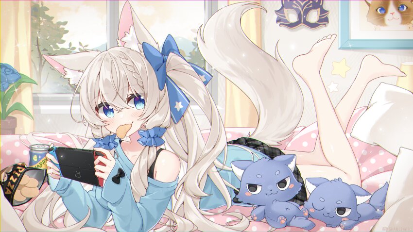 1girl absurdres animal_ears bare_legs barefoot black_skirt blue_bow blue_eyes blue_scrunchie blue_shirt bow can cat chips_(food) commentary_request commission curtains da_shan_mao drink_can eating food hair_bow hair_ornament hair_scrunchie handheld_game_console highres holding holding_handheld_game_console indie_virtual_youtuber indoors izayoi_aotuki long_hair long_sleeves lying mask nintendo_switch on_bed on_stomach painting_(object) potato_chips scrunchie shirt side_ponytail single_bare_shoulder single_off_shoulder skirt soda_can soles solo tail unworn_mask virtual_youtuber white_hair window wolf_ears wolf_girl wolf_tail