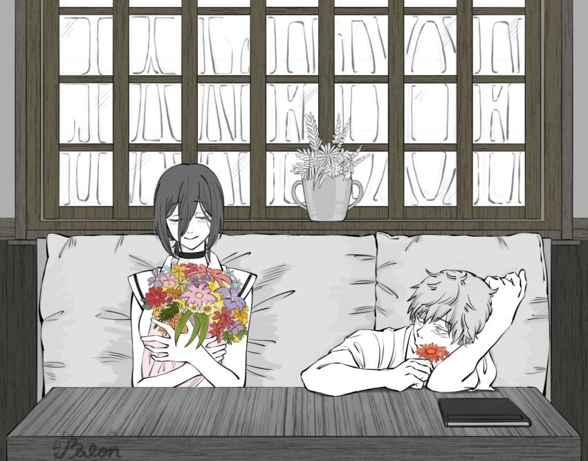 1boy 1girl arm_rest artist_name balon bouquet chainsaw_man choker commentary_request denji_(chainsaw_man) elbow_rest facing_viewer flower hair_between_eyes head_on_arm head_rest holding holding_bouquet holding_flower indoors light_smile looking_at_another notebook pink_flower purple_flower red_flower reze_(chainsaw_man) signature spot_color table window yellow_flower