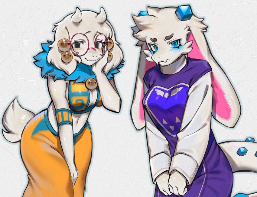 2girls angela_flux atlyss bell black_eyes blue_eyes blush breasts cosplay costume_switch embarrassed fangs furry glasses grey_background horns large_breasts monoskii multiple_girls tail toriel undertale utdr_(toby_fox) white_fur