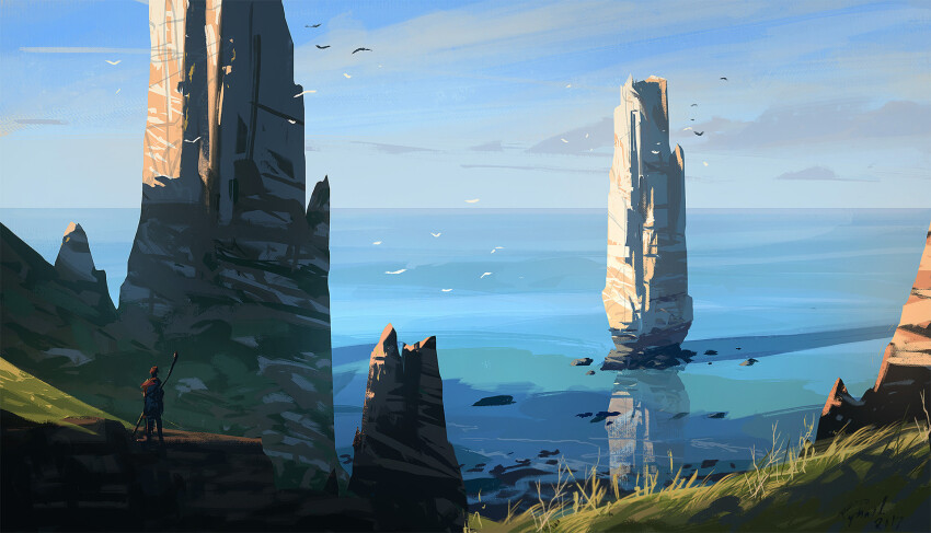 1boy blue_sky cloud commentary english_commentary flock from_behind grass highres holding holding_staff landscape nature ocean original outdoors painterly pillar raphael-lacoste reflection reflective_liquid rock scenery shore sky staff sunlight