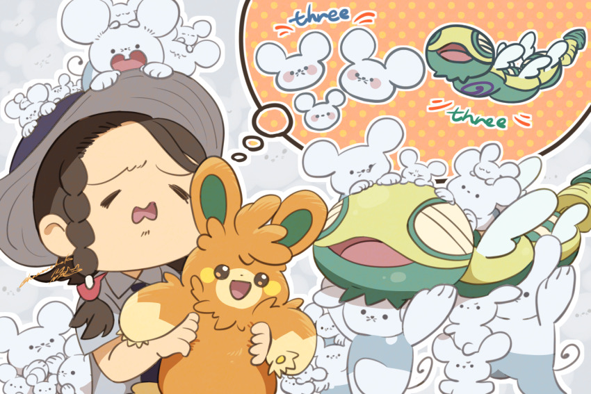 1girl =_= closed_eyes collared_shirt commentary_request dudunsparce dudunsparce_(three-segment) dudunsparce_(two-segment) english_text frustrated gameplay_mechanics grey_hat grey_shirt hamanekoko hat holding holding_pokemon juliana_(pokemon) maushold maushold_(family_of_four) maushold_(family_of_three) necktie nintendo on_head open_mouth outline pawmot pokemon pokemon_(creature) pokemon_on_head pokemon_sv purple_necktie school_uniform shirt short_sleeves signature smile speech_bubble thought_bubble uva_academy_school_uniform white_outline