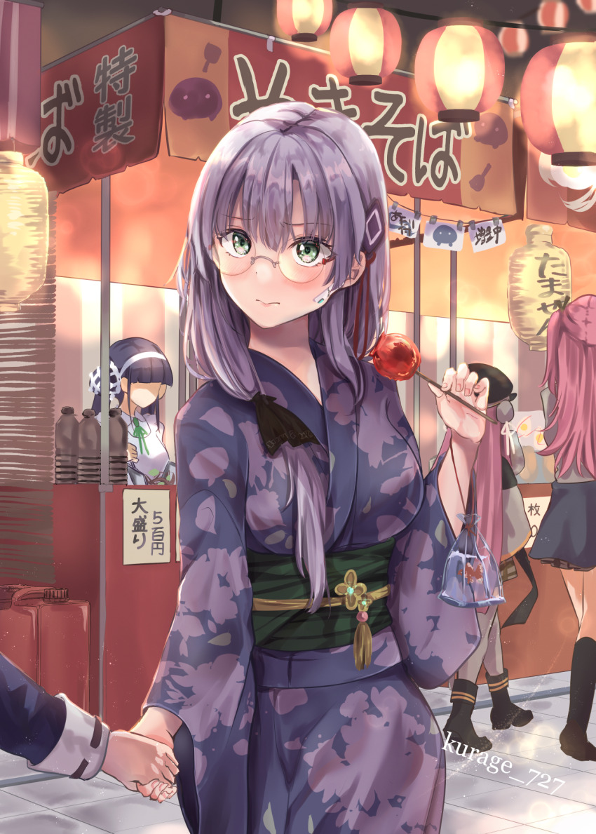 5girls aikawa_megumi artist_name blush candy candy_apple commentary_request food glasses green_eyes hair_ornament hair_ribbon heaven_burns_red highres holding holding_candy holding_food holding_hands izumi_yuki_(heaven_burns_red) japanese_clothes kayamori_ruka kimono kunimi_tama kurage_(kurage19) long_hair multiple_girls purple_hair ribbon satsuki_mari yukata yuri