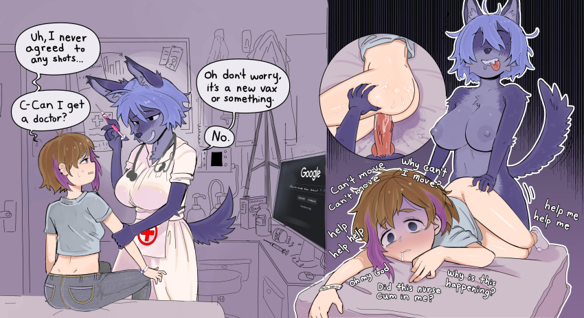 1futa 1girl absurdres animal_penis bottomless breasts chloroform clothed_female_nude_female cum cum_in_pussy cum_on_ass cum_on_body dog_penis drooling drugged empty_eyes english_text furry furry_female furry_with_non-furry futa_with_female futanari google highres indoors interspecies knotted_penis large_breasts louyve medium_penis monitor multicolored_hair nipples nude nurse original penis rape saliva sex sex_from_behind shaded_face sharp_teeth small_breasts speech_bubble streaked_hair syringe tearing_up teeth tongue tongue_out two-tone_hair uncensored vaginal wolf_girl