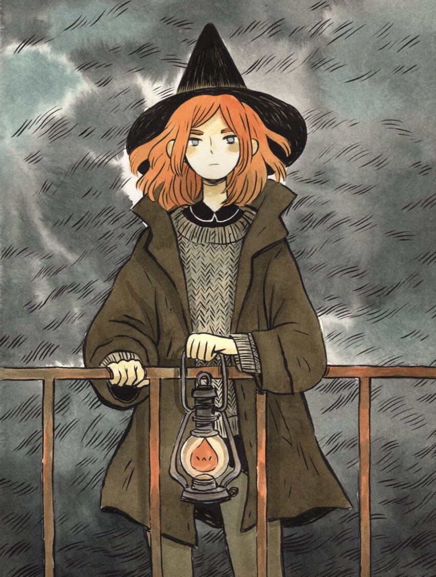 1girl :< black_hat black_shirt brown_jacket brown_pants closed_mouth cloud cloudy_sky collared_shirt commentary cowboy_shot english_commentary expressionless grey_eyes grey_sky grey_sweater hand_on_railing hat heikala highres holding holding_lantern jacket knit_sweater lantern long_sleeves looking_at_viewer medium_hair orange_hair original outdoors painting_(medium) pants railing shirt sky solo standing sweater traditional_media watercolor_(medium) witch