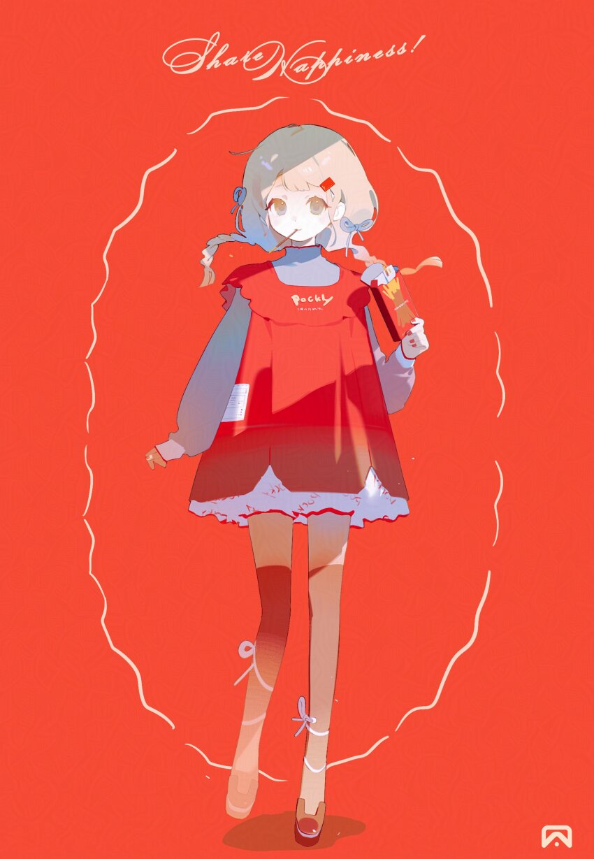 1girl absurdres blonde_hair braid commentary dress english_text food food_in_mouth full_body grey_eyes hair_ornament hair_ribbon hairclip highres leg_ribbon light_smile long_hair long_sleeves makagi2 mouth_hold nail_polish original pocky pocky_box pocky_day pocky_in_mouth red_background ribbon solo symbol-only_commentary thighhighs twin_braids