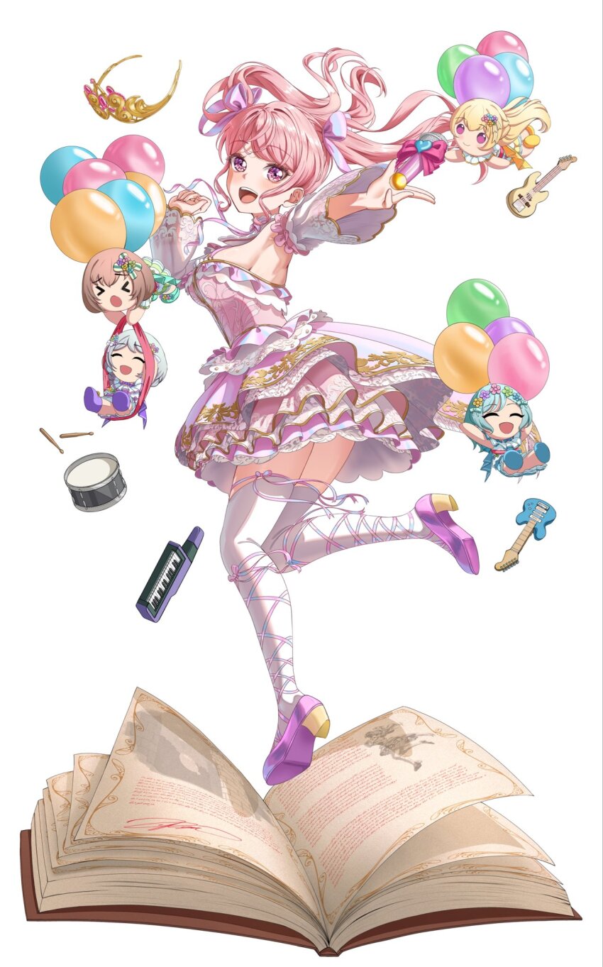 &gt;_&lt; 1girl aqua_hair armpits balloon bang_dream! bass_guitar blonde_hair blue_shoes book breasts brown_hair chibi commentary detached_sleeves dress drum drumsticks electric_guitar english_commentary frilled_dress frilled_sleeves frills full_body gold_tiara green_shoes guitar hair_ornament highres hikawa_hina instrument keytar lace long_hair looking_at_viewer maruyama_aya medium_breasts medium_hair microphone official_alternate_costume open_book open_mouth pink_dress pink_eyes pink_hair pink_skirt purple_eyes purple_shoes ribbon shirasagi_chisato shoes short_hair sideboob simple_background skirt smile teeth thighhighs tiara twintails upper_teeth_only wakamiya_eve white_background white_hair white_thighhighs yamato_maya yellow_shoes zuka_ryu