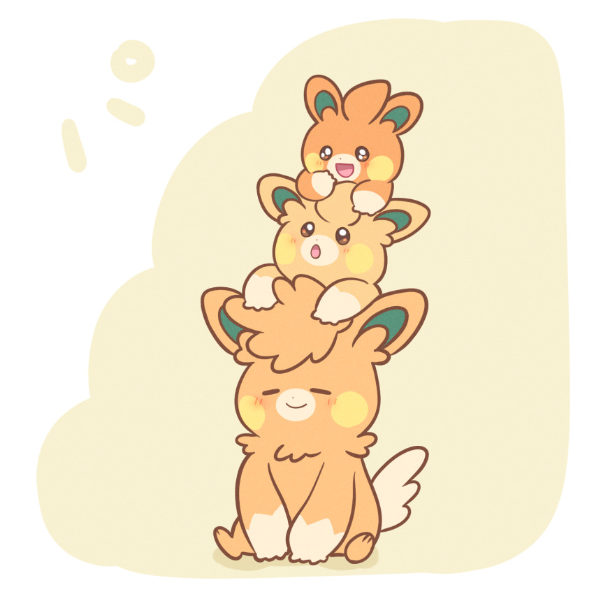 025sakura393 :d :o blush brown_eyes closed_eyes closed_mouth commentary_request evolutionary_line highres looking_up nintendo on_head open_mouth pawmi pawmo pawmot pokemon pokemon_(creature) pokemon_on_head sitting smile