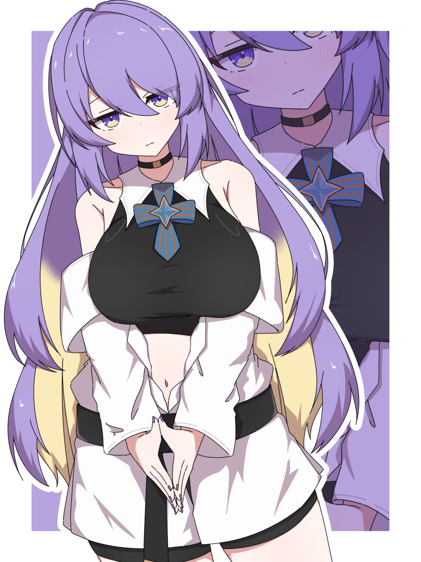 1girl absurdres bare_shoulders black_choker black_shirt blonde_hair border breasts choker closed_mouth coat collar commentary cowboy_shot crop_top hair_between_eyes highres hololive hololive_indonesia large_breasts long_hair long_sleeves looking_at_viewer mah0p midriff moona_hoshinova multicolored_eyes multicolored_hair navel off_shoulder purple_background purple_eyes purple_hair shirt sleeveless sleeveless_shirt solo_focus steepled_fingers two-tone_eyes two-tone_hair virtual_youtuber white_border white_coat white_collar yellow_eyes zoom_layer