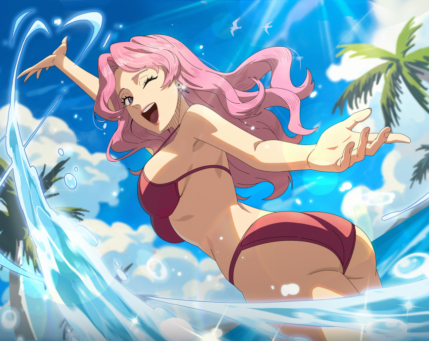 1girl absurdres bikini black_clover black_clover_m:_rise_of_the_wizard_king blue_sky breasts cloud day highres large_breasts long_hair looking_at_viewer non-web_source official_alternate_costume official_art one_eye_closed open_mouth outdoors palm_tree pink_hair purple_eyes red_bikini sky solo swimsuit tree vanessa_enoteca water