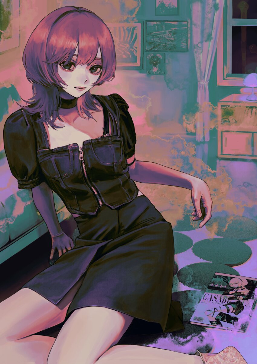 1girl absurdres black_choker black_dress black_eyes black_skirt choker closed_mouth collarbone couch cover cover_page curtains desk_lamp dress eyelashes eyeliner feet_out_of_frame hair_between_eyes highres indoors lamp light_smile lips looking_at_viewer lui_n24 makeup medium_hair nightstand nose original picture_frame red_eyeliner red_hair red_socks short_sleeves sitting skirt socks solo window wolf_cut yokozuwari zipper zipper_pull_tab