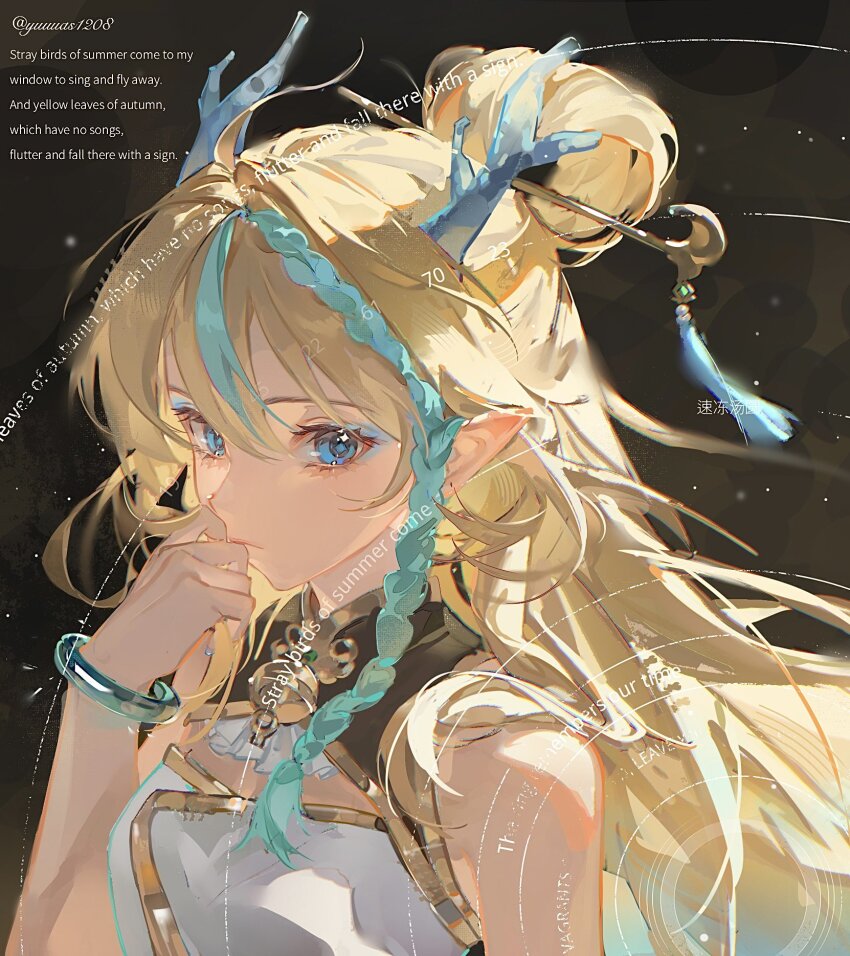 1girl aqua_hair blonde_hair blue_eyes blue_horns braid breasts brown_background closed_mouth commentary_request commission dragon_girl dragon_horn english_text hair_between_eyes highres horns looking_at_viewer multicolored_hair original pointy_ears small_breasts solo sudong_tangyuan twitter_username two-tone_hair upper_body watermark