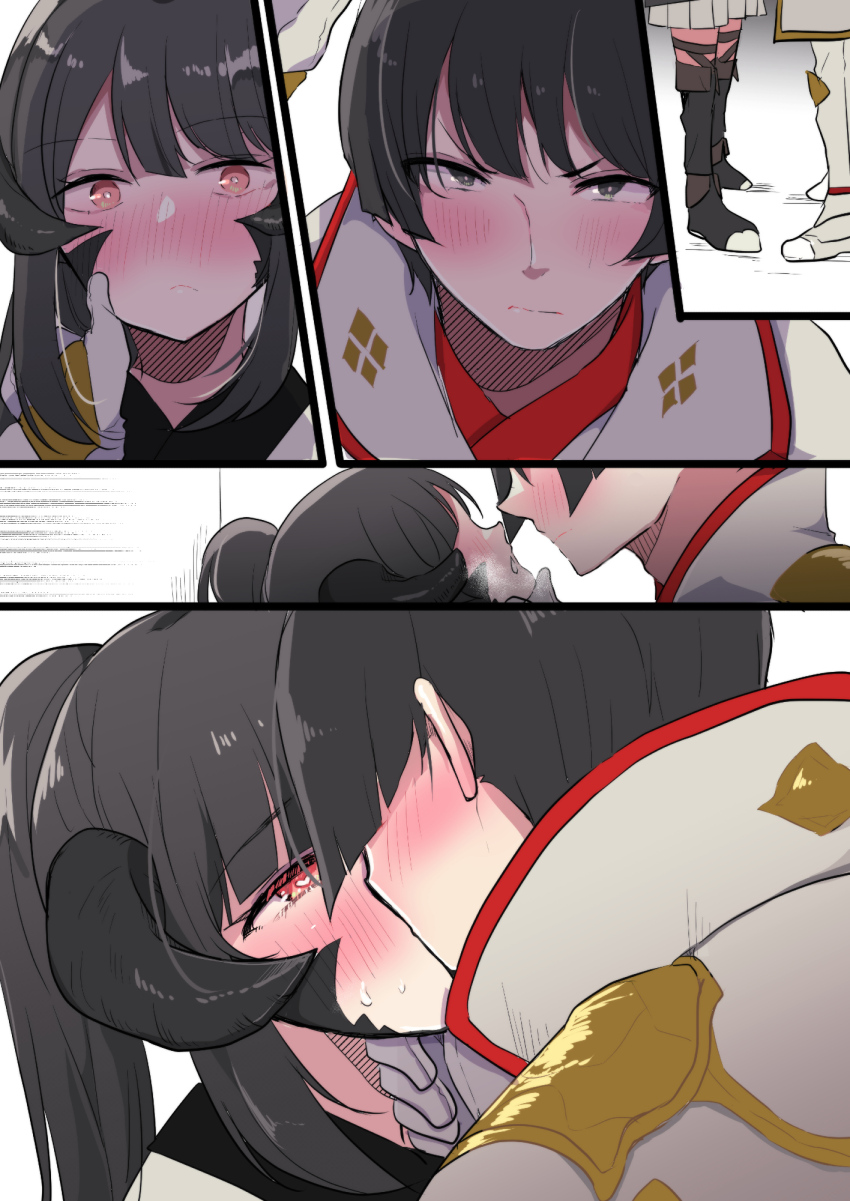 1boy 1other armor asahi_sas_brutus au_ra black_eyes black_hair black_horns black_scales blush boots bowl_cut brown_hair commission commissioner_upload dragon_horns final_fantasy final_fantasy_xiv fuurin_kingyou gloves heavy_breathing high_ponytail highres horns hyur izumi_tol_amulius japanese_armor japanese_clothes kimono kiss original ponytail red_eyes red_trim scales shoes skeb_commission thigh_boots yukata