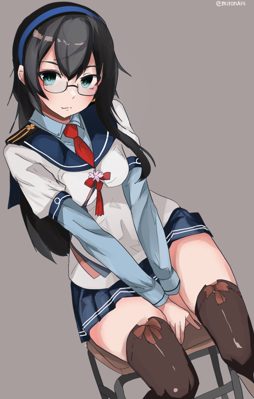 1girl black_hair blue_sailor_collar blue_skirt brown_thighhighs chair commentary_request feet_out_of_frame glasses green_eyes grey_background highres kantai_collection layered_shirt layered_sleeves long_hair long_sleeves miron_(mirona33) necktie ooyodo_(kancolle) pleated_skirt red_necktie sailor_collar sailor_shirt school_uniform serafuku shirt short_over_long_sleeves short_sleeves simple_background skirt solo thighhighs