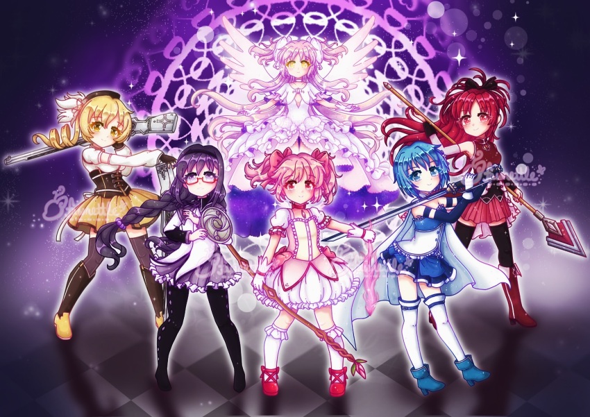 6+girls akemi_homura akemi_homura_(magical_girl) artist_name bare_shoulders beret black_hair black_pantyhose black_shoes blonde_hair blue_eyes blue_hair blue_shorts bow bubble_skirt cape choker commentary corset detached_sleeves dress drill_hair english_commentary everyone fawnettle fingerless_gloves glasses gloves gun hair_bow hair_ornament hair_ribbon hairband hat holding holding_gun holding_polearm holding_sword holding_weapon kaname_madoka kaname_madoka_(magical_girl) long_hair magical_girl magical_musket_(madoka_magica) mahou_shoujo_madoka_magica mahou_shoujo_madoka_magica_(anime) miki_sayaka miki_sayaka_(magical_girl) multiple_girls pantyhose pink_eyes pink_hair polearm ponytail puffy_short_sleeves puffy_sleeves purple_eyes red_eyes red_hair red_shoes ribbon sakura_kyoko sakura_kyoko_(magical_girl) shield shoes short_hair short_sleeves short_twintails shorts skirt smile spear striped_clothes striped_thighhighs sword thighhighs tomoe_mami tomoe_mami_(magical_girl) twintails two_side_up ultimate_madoka vertical-striped_clothes very_long_hair watermark weapon white_dress white_gloves wings yellow_eyes yellow_shorts