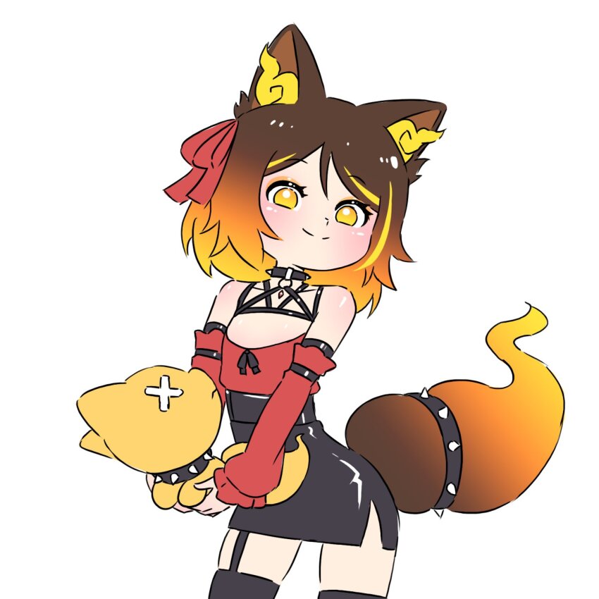 1girl animal_ear_fluff animal_ears bare_shoulders blush collar commentary copyright_request detached_sleeves dress english_commentary fox_ears fox_tail garter_straps highres mike_inel multicolored_hair red_dress short_dress short_hair sinder_(vtuber) smile streaked_hair stuffed_toy tail thighhighs yellow_eyes zettai_ryouiki