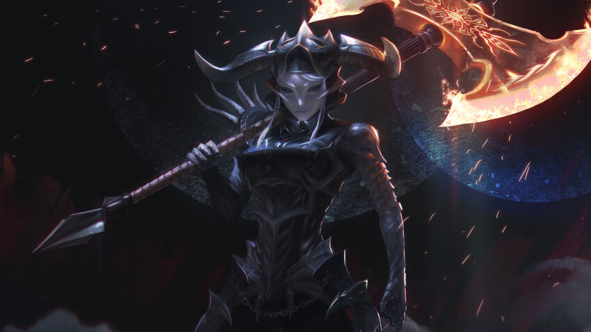 1girl absurdres armor axe battle_axe black_armor chain closed_mouth colored_sclera commentary commission cowboy_shot english_commentary fake_horns fantasy fire flaming_weapon helmet highres holding holding_axe holding_weapon horned_armor horned_helmet horns light_particles lips looking_to_the_side nose original over_shoulder pale_skin paul_nong purple_eyes purple_sclera solo standing weapon weapon_over_shoulder white_hair