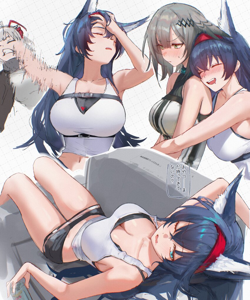 3girls absurdres animal_ear_fluff animal_ears antenna_hair arknights black_hair black_shorts blaze_(arknights) blue_eyes blush breasts cat_ears cat_girl chest_belt commentary english_commentary grey_hair greythroat_(arknights) hairband highres hug hug_from_behind infection_monitor_(arknights) large_breasts looking_at_viewer looking_up meme midriff multicolored_hair multiple_girls multiple_views naoya_hitting_choso_without_looking_(meme) navel one_eye_closed punching red_hair red_hairband short_shorts shorts simple_background tank_top translation_request two-tone_hair uof w_(arknights) white_background white_hair white_tank_top