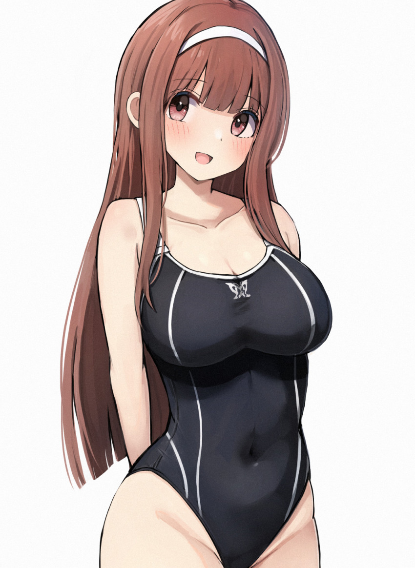 1girl arms_behind_back black_one-piece_swimsuit blunt_ends blush breasts brown_eyes brown_hair collarbone commentary_request covered_navel cowboy_shot hairband highres idolmaster idolmaster_million_live! idolmaster_million_live!_theater_days large_breasts long_hair one-piece_swimsuit open_mouth sideways_glance simple_background smile solo standing straight_hair swimsuit tabii tanaka_kotoha wave_makers!_(idolmaster) white_background white_hairband